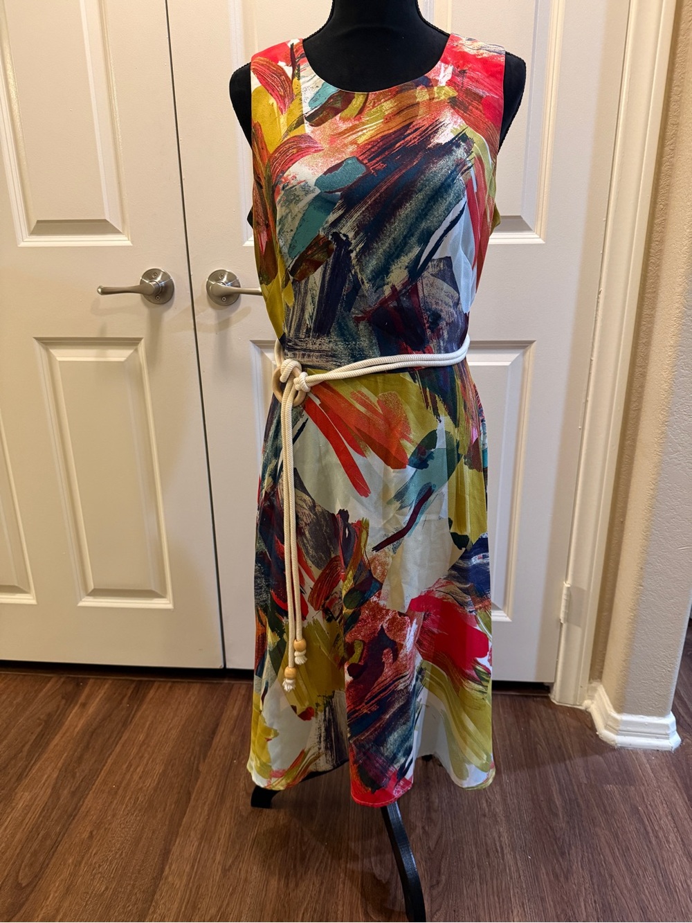 Danny & Nicole Abstract Brushstroke Sleeveless Midi Dress in Red, Yellow & Blue